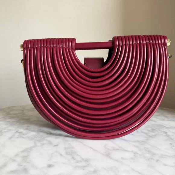 Ribbed Half-Moon Shoulder Bag in Burgundy with Crossbody Strap - Picture 1 of 8